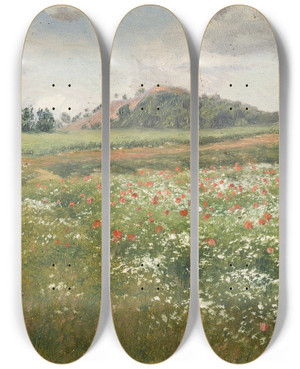 Triptych art skateboard deck of Frantiek Kavn Fields With Wild Poppies by Frantisek Kavan (1866-1841)