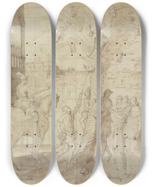 Triptych art skateboard deck of Antoine Caron Jagdszene Mit Einem Heiligen by Antoine Caron (1521-1599)