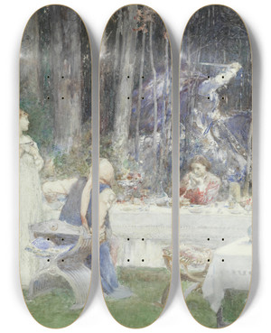 Triptych art skateboard deck of Henry Edgar Crockett The Ethereal Knight by Henry Edgar Crockett