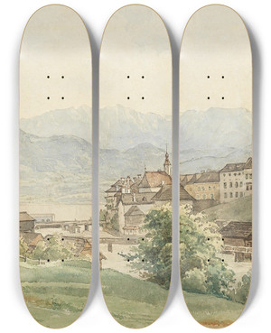 Triptych art skateboard deck of Josef Hger Blick Auf Gmunden by Josef Hoger (1801-1877)