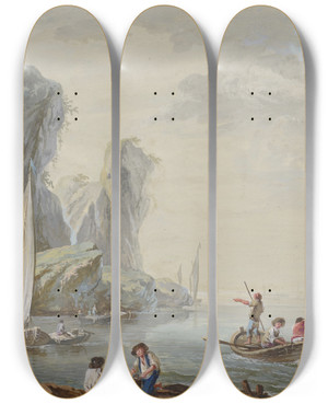 Triptych art skateboard deck of Jeanbaptiste Pillement Meeresbucht Mit Groen Felsen Links Und Fischern by Jean-Baptiste Pillement (1728-1808)