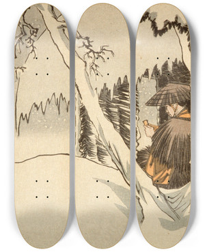 Triptych art skateboard deck of Tsukioka Yoshitoshi Nichiren In Exile At Sado by Tsukioka Yoshitoshi (1839-1892)
