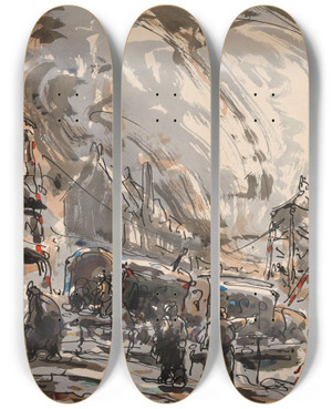 Triptych art skateboard deck of Alfred Ost After The Funfair by Alfred Ost (1884-1945)