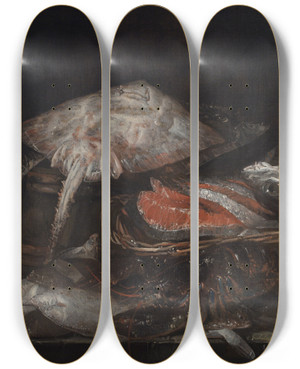 Triptych art skateboard deck of Abraham Van Beyeren Still Life With Fish On A Stone Table by Abraham Van Beyeren (1620-1690)