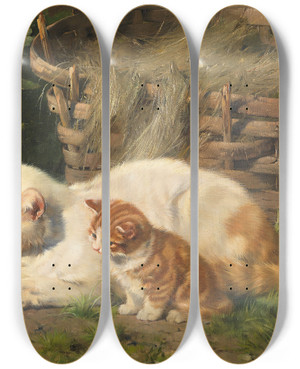 Triptych art skateboard deck of Julius Adam The Younger Katzenmutter Mit Ihren Beiden Jungen by Julius Adam The Younger (1852-1913)
