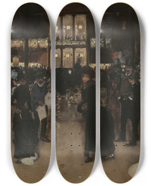 Triptych art skateboard deck of Jean Braud Le Boulevard Montmartre La Nuit Devant Le Thtre Des Varits by Jean Beraud (1849-1935)