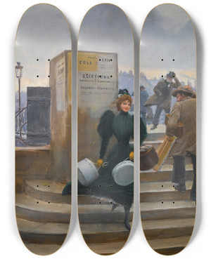 Triptych art skateboard deck of Jean Braud Modiste Sur Le Pont Des Arts by Jean Beraud (1849-1935)