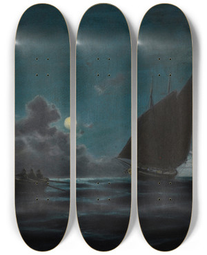 Triptych art skateboard deck of Emilios Prosalentis Ships By Moonlight by Emilios Prosalentis (1859-1926)