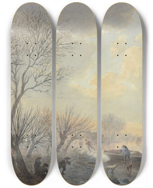 Triptych art skateboard deck of Abraham Teerlink Winterlandschaft Auf Dem Eis Schieben Drei Mnner Ein Boot Dem Land Zu Dabei Zwei Hunde Stehend by Abraham Teerlink (1776-1857)