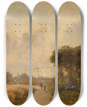 Triptych art skateboard deck of Aleksander Swieszewski Landscape With A Road by Aleksander Swieszewski (1839-1895)