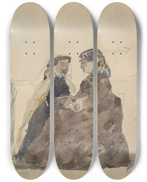 Triptych art skateboard deck of Eugne Boudin Two Ladies Seated And A Couple Walking On The Beach by Eugene Boudin (1824-1898)