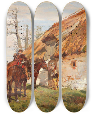 Triptych art skateboard deck of Wilhelm Velten Resting By The Barn by Wilhelm Velten (1847-1929)