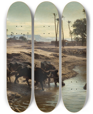 Triptych art skateboard deck of Lonadolpheauguste Belly Buffaloes Bathing In The Nile by Lon-Adolphe-Auguste Belly (1827-1877)