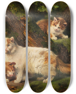 Triptych art skateboard deck of Julius Adam The Younger Cat Family Playing In The Forest by Julius Adam The Younger (1852-1913)