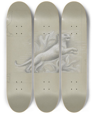Triptych art skateboard deck of Leo Gestel Ontwerpen Voor Een Watermerk Van Een Bankbiljet Hand Met Roos Roos Panter by Leo Gestel (1881-1941)