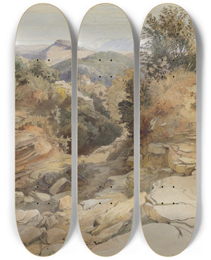 Triptych art skateboard deck of Victor Paul Mohn The Sabine Hills And Rocca Santo Stefano Seen From Civitella by Victor Paul Mohn (1843-1911)
