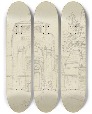Triptych art skateboard deck of Friedrich Metz Blick Auf Die Porta San Gallo In Florenz by Friedrich Metz (1820-1901)
