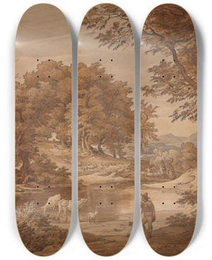 Triptych art skateboard deck of Friedrich Preller The Elder Italienische Landschaft Mit Hirten by Friedrich Preller The Elder (1804-1878)