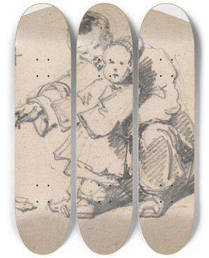 Triptych art skateboard deck of George Chinnery Chinese Father And Child With Dog by George Chinnery (1774-1852)
