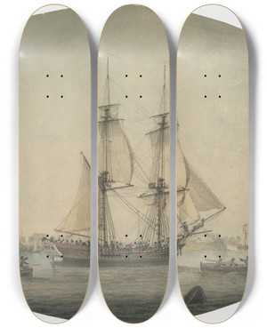 Triptych art skateboard deck of Samuel Atkins A Trading Brig Preparing To Set Sail On The Thames Warships Running Down The Estuary Beyond by Samuel Atkins (1760-1810)