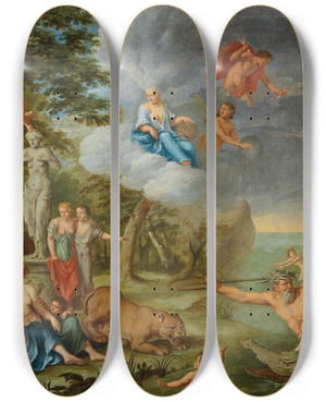 Triptych art skateboard deck of Peter Van Halen The Feast Of The Gods by Peter Van Halen (1612-1687)