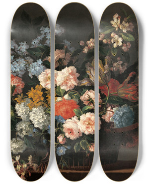 Triptych art skateboard deck of Jeanbaptiste Monnoyer Still Life With Basket Of Flowers by Jean-Baptiste Monnoyer (1636-1699)