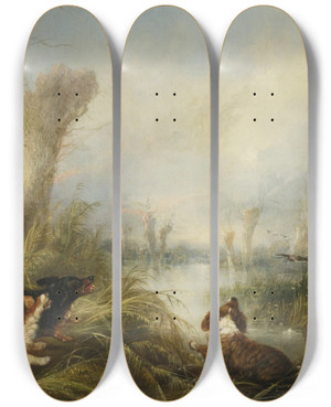 Triptych art skateboard deck of George Armfield Three Spaniels In A Marsh by George Armfield (1808-1893)
