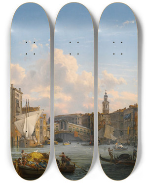 Triptych art skateboard deck of Friedrich Von Nerly A View Of The Grand Canal Looking Towards The Rialto Bridge Venice by Friedrich Von Nerly (1807-1878)