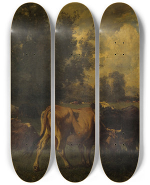 Triptych art skateboard deck of Mile Van Marcke Cattle In A Field by mile van Marcke (1827-1890)