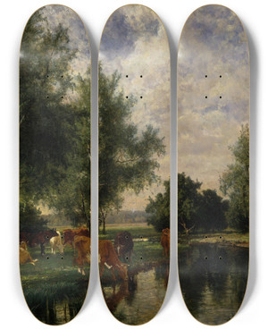 Triptych art skateboard deck of Edvard Bergh Summer Landscape In Blekinge by Edvard Bergh (1828-1880)