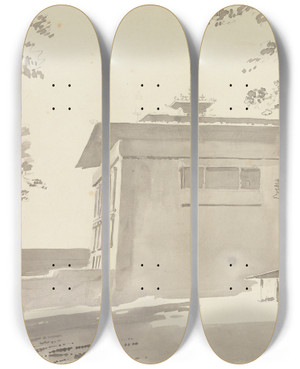 Triptych art skateboard deck of Samuel Davis The Temple Of Wangdutse by Samuel Davis (1757-1819)
