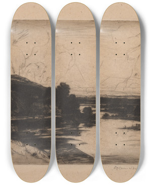 Triptych art skateboard deck of David Young Cameron On The Ourtha by David Young Cameron (1865-1945)