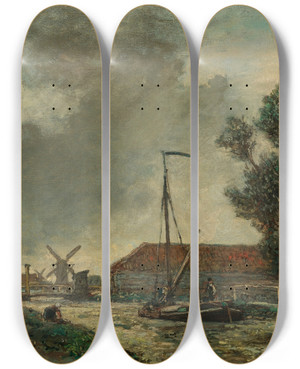 Triptych art skateboard deck of Johan Barthold Jongkind La Passerelle Hollande by Johan Barthold Jongkind (1819-1891)