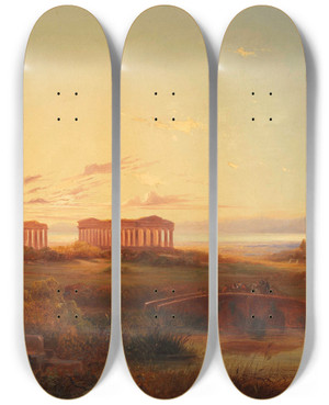 Triptych art skateboard deck of Valentin Ruths View Of The Temples Of Agrigento by Valentin Ruths (1825-1905)