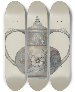 Triptych art skateboard deck of Beulah Bradleigh Pewter Tea Set by Beulah Bradleigh