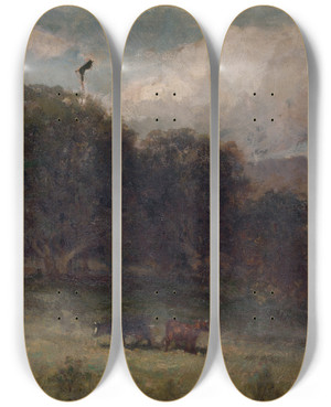 Triptych art skateboard deck of Edward Mitchell Bannister Untitled Landscape With Trees And Two Cows In Meadow by Edward Mitchell Bannister (1828-1901)