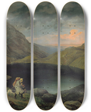Triptych art skateboard deck of Gustav Karl Ludwig Richter Lake In The Riesengebirge by Gustav Karl Ludwig Richter (1823-1884)