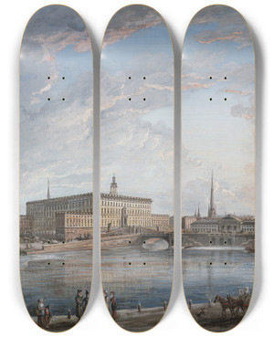Triptych art skateboard deck of Elias Martin View Of Stockholm Iii by Elias Martin (1739-1818)