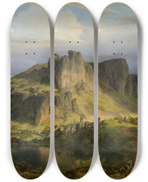 Triptych art skateboard deck of Karl Friedrich Lessing Landscape From The Eifel Mountains by Karl Friedrich Lessing (1808-1880)