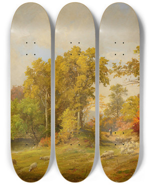 Triptych art skateboard deck of Jasper Francis Cropsey Autumn Landscape With Shepherd Dog And Sheep by Jasper Francis Cropsey (1823-1900)