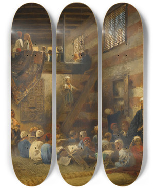 Triptych art skateboard deck of Konstantin Egorovich Makovsky In The Classroom by Konstantin Egorovich Makovsky (1839-1915)
