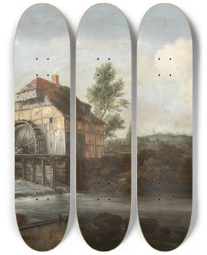 Triptych art skateboard deck of Jacob Van Ruisdael Landscape With A Watermill by Jacob Van Ruisdael (1628-1682)