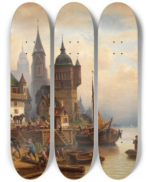 Triptych art skateboard deck of Wilhelm Alexander Meyerheim Postkutsche Im Pommerschen Hafen by Wilhelm Alexander Meyerheim (1815-1882)