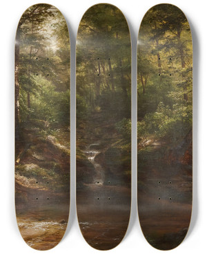 Triptych art skateboard deck of George Hetzel Waterfall In The Forest by George Hetzel (1826-1899)