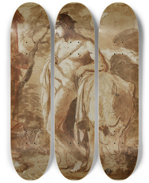 Triptych art skateboard deck of Camillo Procaccini Mercury And Argus by Camillo Procaccini (1546-1629)