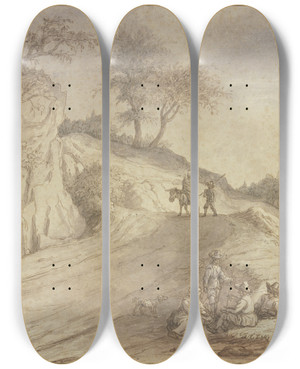 Triptych art skateboard deck of Lambert Doomer Weg Ber Einen Hgel Mit Einem Mann Zu Fu Und Einer Frau Auf Einem Esel Vorne Eine Lagernde Gruppe Von Vier Figuren by Lambert Doomer (1623-1700)