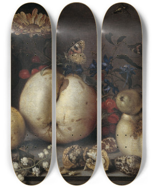 Triptych art skateboard deck of Balthasar Van Der Ast Still Life With Fruit And Shells by Balthasar Van Der Ast (1593-1657)