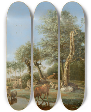 Triptych art skateboard deck of Paulus Potter Cows Reflected In The Water by Paulus Potter (1625-1654)