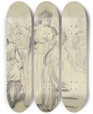 Triptych art skateboard deck of Otto Scholderer Sitzende Und Stehende Aus Der Vorbereitung Zum Kostmball_4 by Otto Scholderer (1834-1902)
