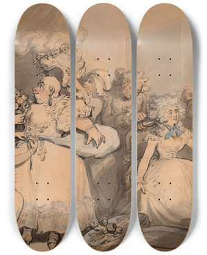 Triptych art skateboard deck of Thomas Rowlandson Dressing For A Birthday by Thomas Rowlandson (1756-1827)